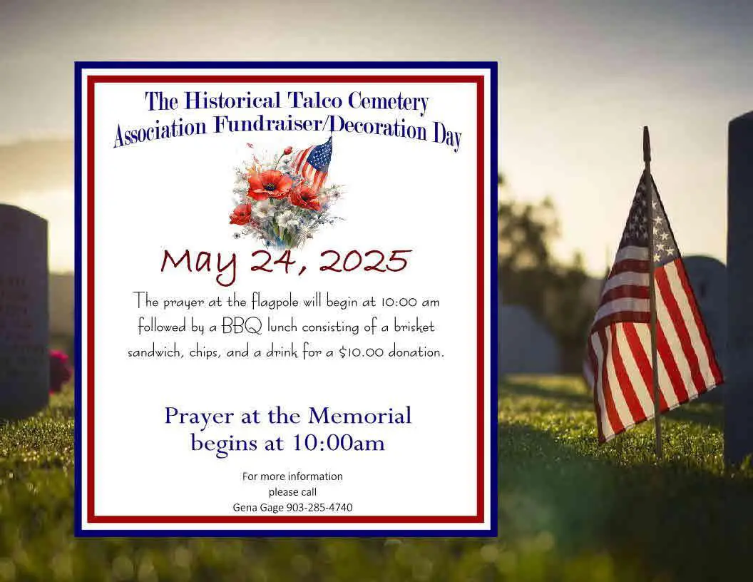 Memorial day event announcement with flag and flowers.