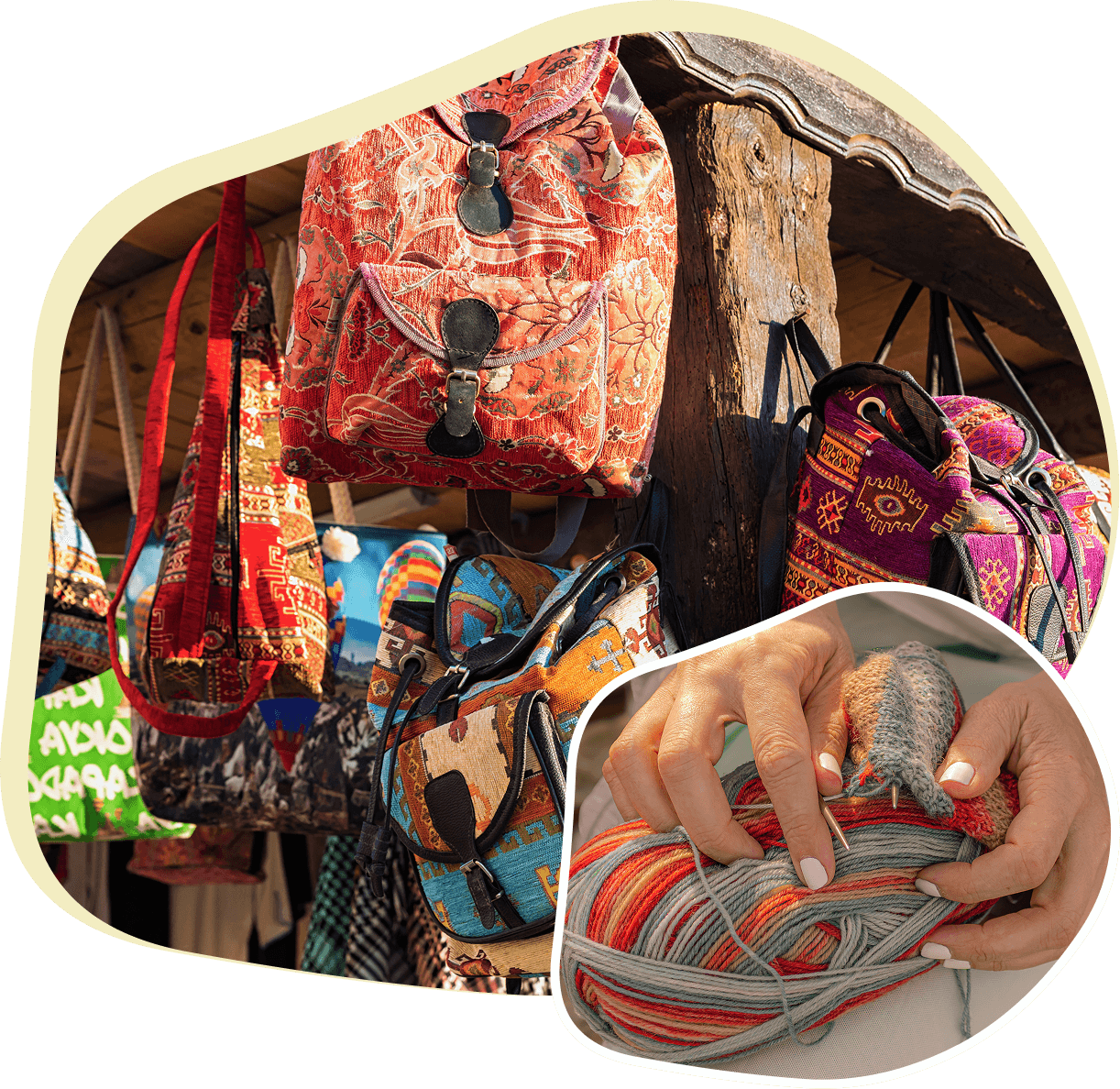 A display of colorful, patterned backpacks hanging on a wooden post. Inset image shows hands knitting with multicolored yarn.