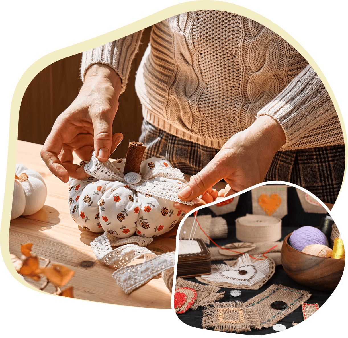 Person crafting with fabric and lace, creating decorative pumpkins. Inset shows crafting supplies like yarn and lace on a table.