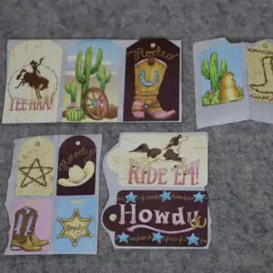Colorful cowboy-themed tags with playful designs.