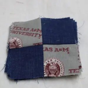 Two fabric squares with Texas A&M University logo and blue denim.