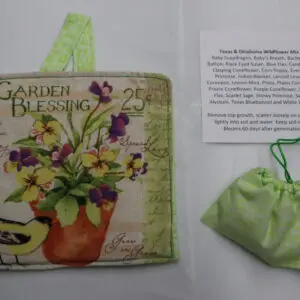 A sachet with a floral pouch and a packet labeled 'Garden Blessing' with flowers.