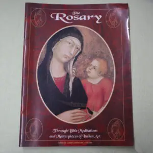 A box labeled 'Rosary' featuring artwork of the Virgin Mary and baby Jesus.