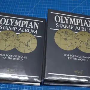Two Olympian Stamp Albums with black covers and gold lettering.