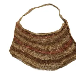 Handwoven, striped natural fiber handbag with a single shoulder strap.