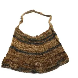 Handwoven rustic bag with earth-tone stripes and a shoulder strap.