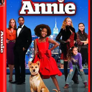 Annie and characters posing with a dog against a city backdrop.