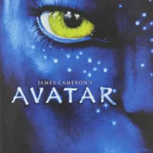 Close-up of a blue-skinned Na'vi eye from Avatar movie poster.