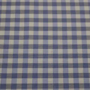 Blue and white checkered fabric pattern.