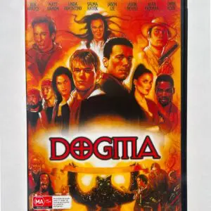 Poster of the film Dogma featuring main characters with fiery background.