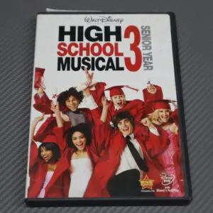 DVD cover of High School Musical 3 featuring main cast in red outfits.