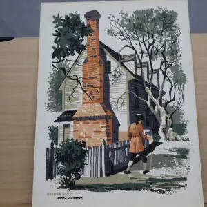 A person walking near a brick chimney and trees by a house.