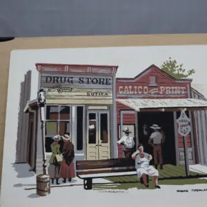 A vintage scene of a drug store and a barber shop with people outside.