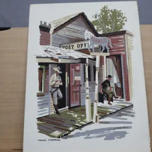 Illustration of a rustic post office with two people around it.
