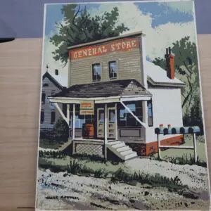 Painting of a rustic general store in a rural setting.