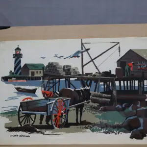 A serene harbor scene with boats, a pier, and a lighthouse.
