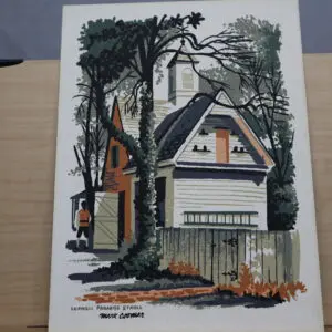 A colorful painting of a rustic house surrounded by trees.