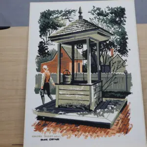 Illustration of a man at a historic water well in a quaint village setting.