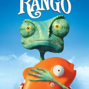 Rango, the chameleon, holds a startled orange fish against a bright blue sky.