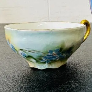 Delicate vintage teacup with floral design and gold handle.