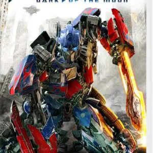 Optimus Prime in an epic battle stance with fiery weapons.