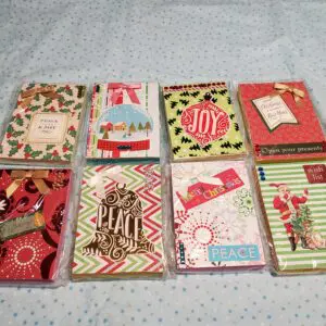 Colorful holiday-themed greeting cards arranged together.