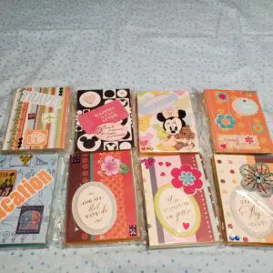 Colorful stationery cards displayed on a light background.