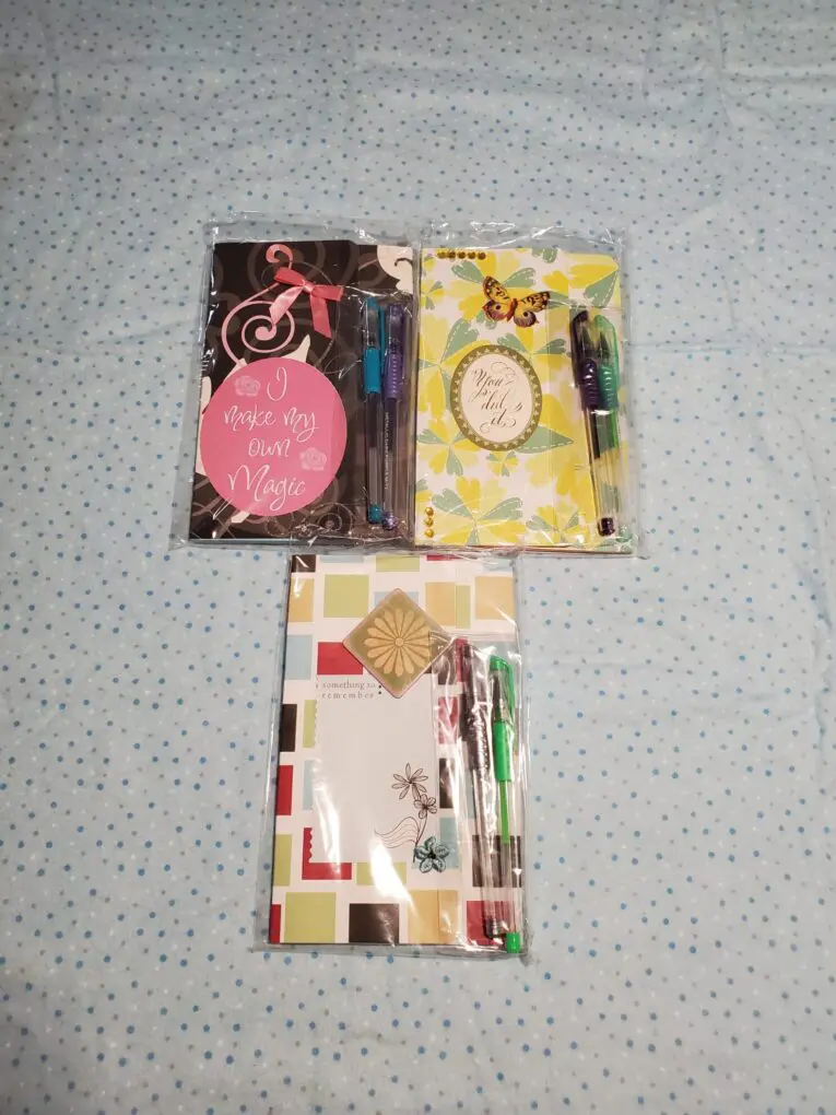 Set of colorful notebooks and pens displayed.