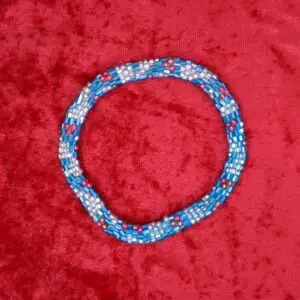 Colorful beaded necklace with blue and silver.