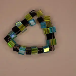 Colorful beaded bracelet with square-shaped elements.