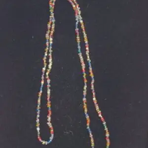 Colorful beaded necklace with varied patterns.