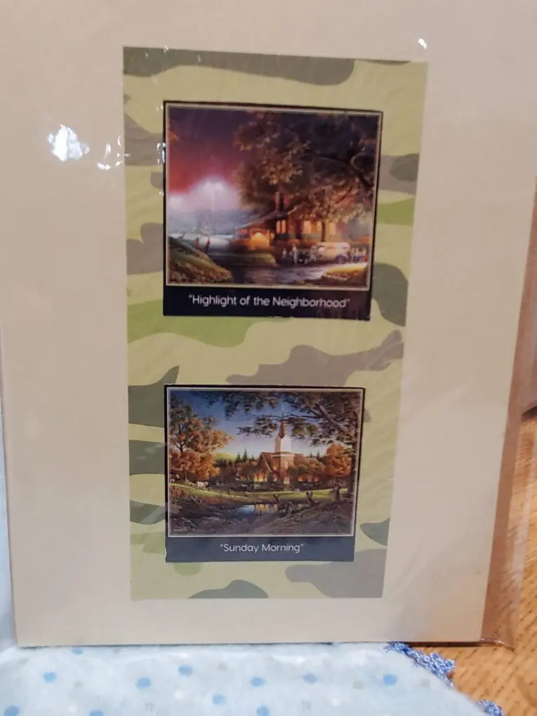 Framed artwork featuring serene landscape scenes.