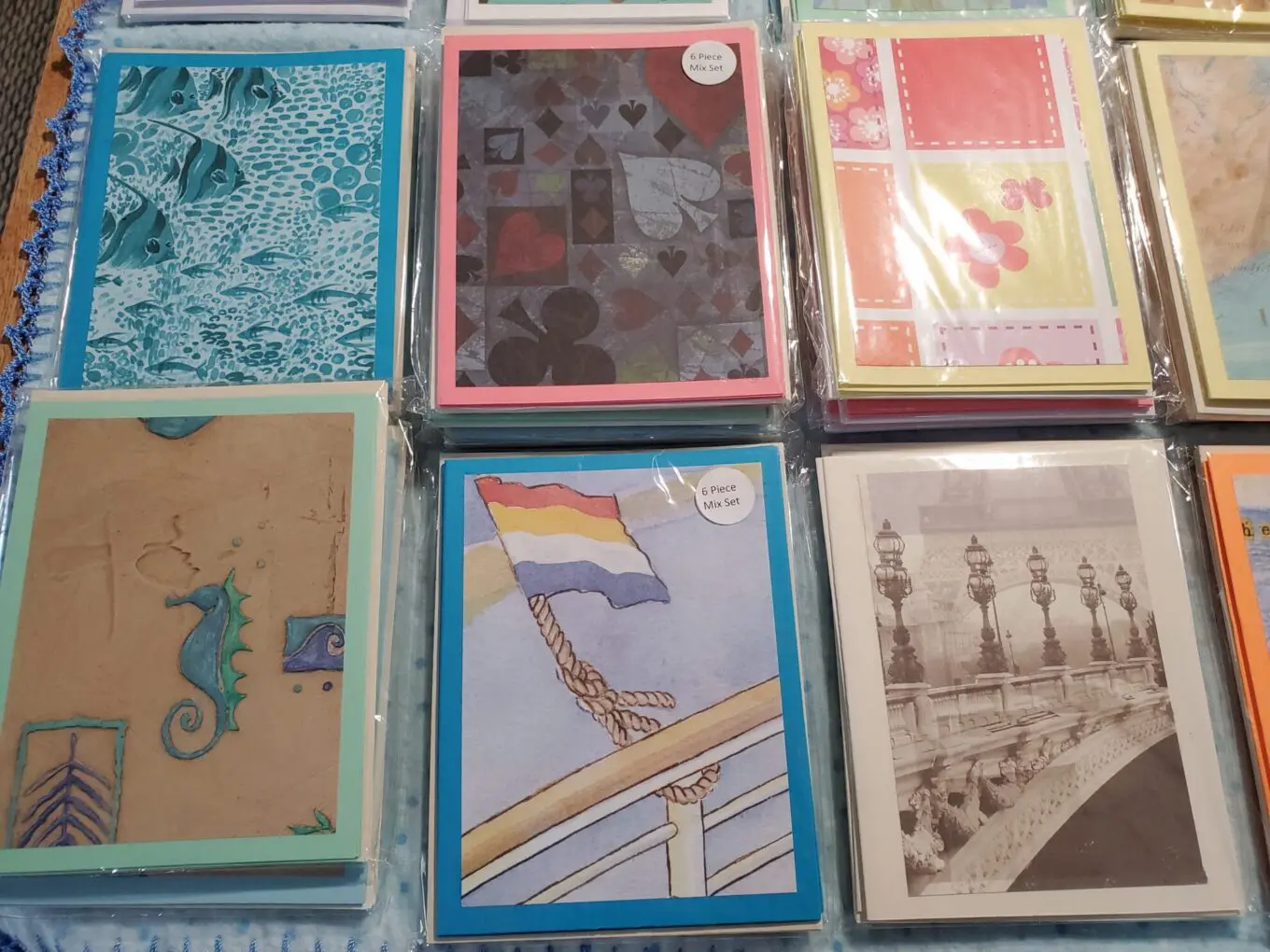 Colorful greeting cards arranged in a display.