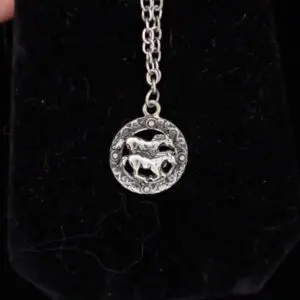 Silver pendant necklace featuring two horse designs.