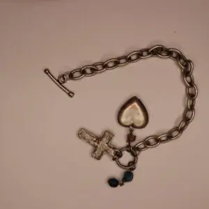 Silver Charm Bracelet with Cross, Heart & Blue Beads (2)