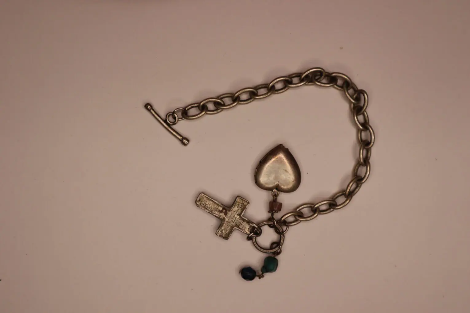 Silver Charm Bracelet with Cross, Heart & Blue Beads (2)