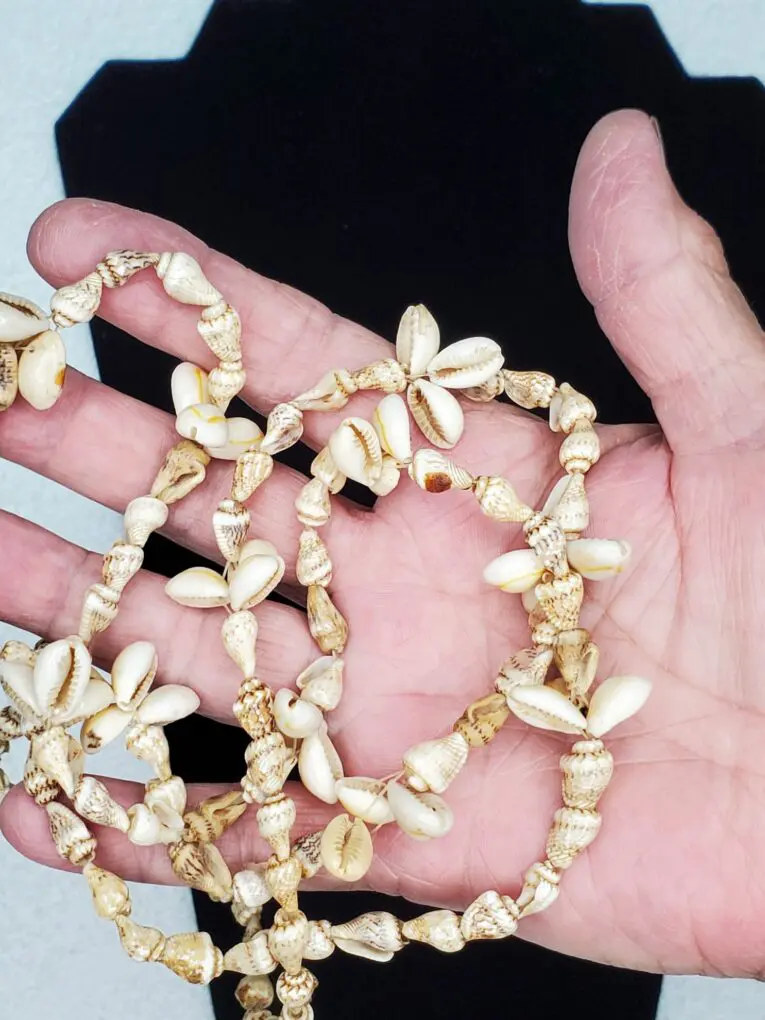 Hand holding a necklace made of shells.