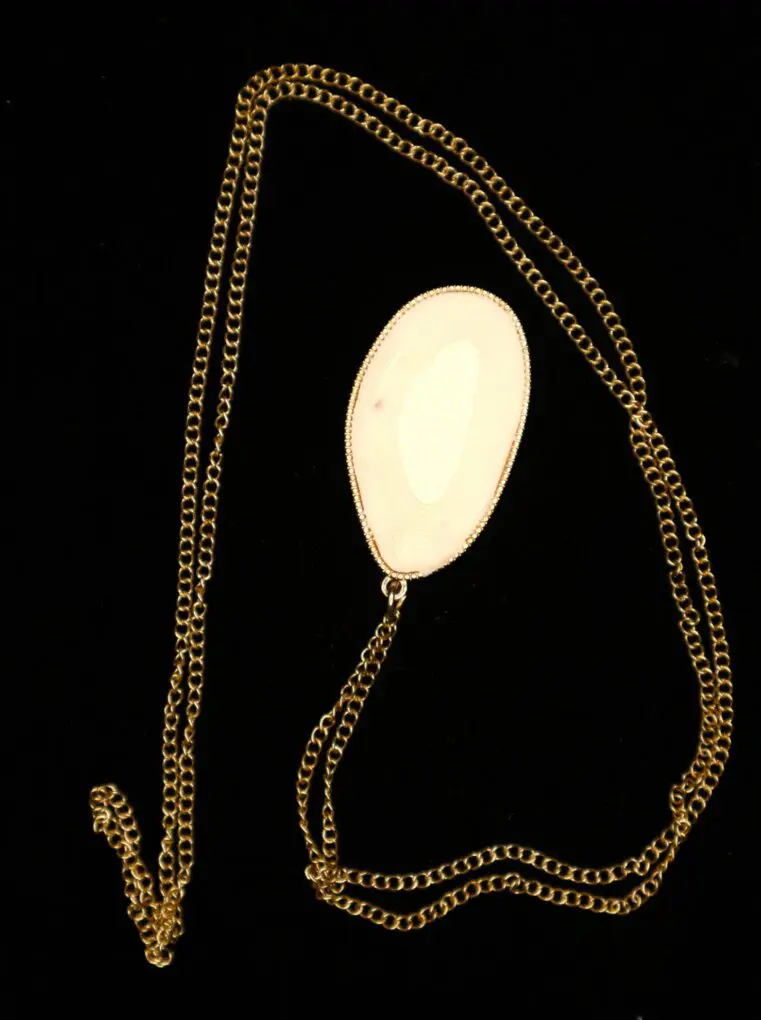 Gold chain necklace with an oval pendant.