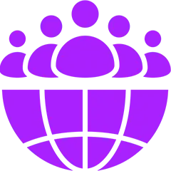 Purple globe with people icons representing global community.