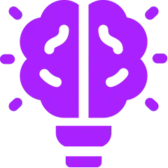 Purple light bulb with brain design inside, symbolizing creative ideas.