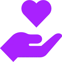 Purple hand holding a heart symbol.