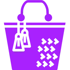 Purple handbag icon with tassel decoration and perforated design.