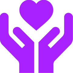 Purple hands holding a heart symbol.