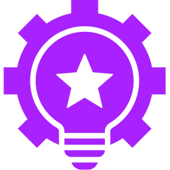 Purple gear and lightbulb icon with a star in the center.
