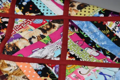 Colorful quilt with various fabric patterns and red borders.