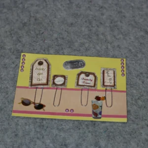 A busy cafe scene on a small, quirky card with coffee items and menu signs.