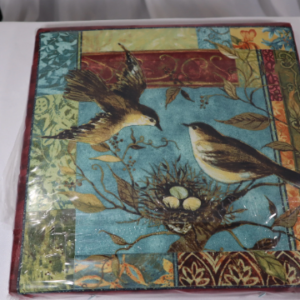 Decorative artwork featuring two birds and their nest against a blue background.